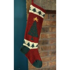Vintage Christmas Cove Designs Maine Wool Knit Christmas Tree Cabin Stocking
